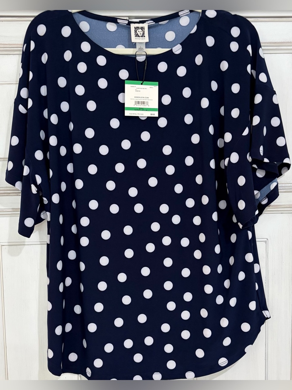 NWT SZ L Anne Klein Navy and White Polka Dot Short-Sleeve Blouse